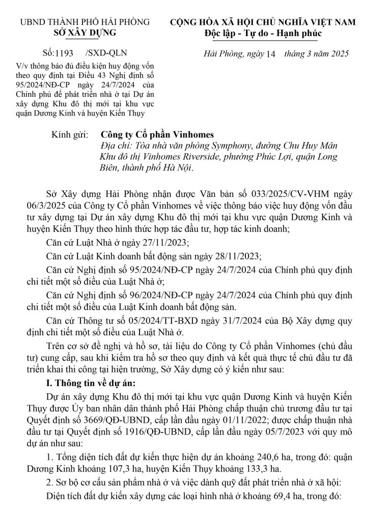 cv 1193 thong bao du dieu kien huy dong von du an vin duong kinh kien thuy